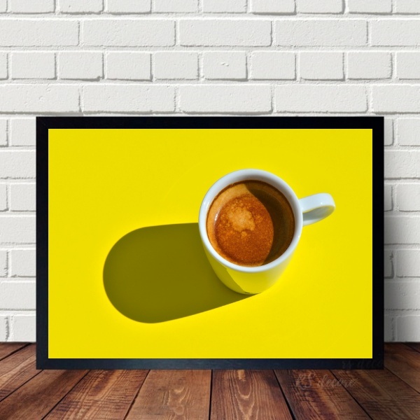 Quadro Para Cozinha Amarelo Café 33x24cm - Com Vidro Moldura: