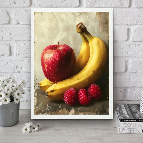 Quadro Para Cozinha Arte Maçã E Banana 45x34cm Moldura Preta