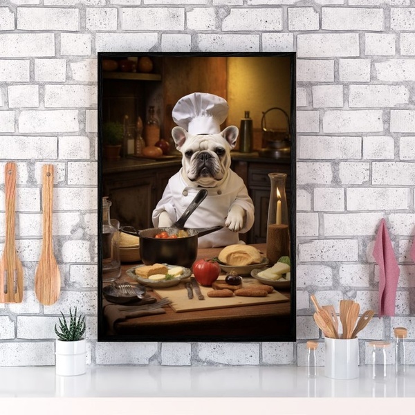 Quadro Para Cozinha Cão Bulldog Francês 24x18cm Moldura:madei