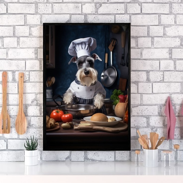 Quadro Para Cozinha Cão Schnauzer 45x34cm - Com Vidro Moldura