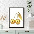 Quadro Para Cozinha Cereja Dourada 24x18cm - Com Vidro Moldur