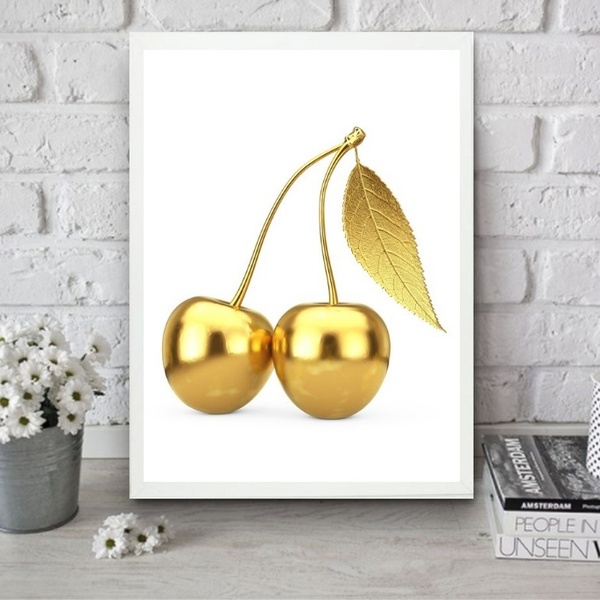 Quadro Para Cozinha Cereja Dourada 24x18cm - Com Vidro Moldur