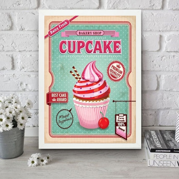 Quadro Para Cozinha Cupcake Rosa 24x18cm Moldura Preta