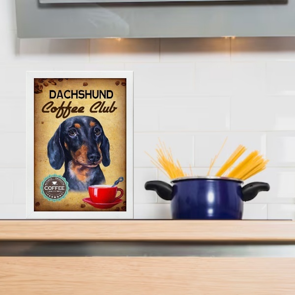 Quadro Para Cozinha Dachshund  Xícara Café 45x34cm - Com Vidr