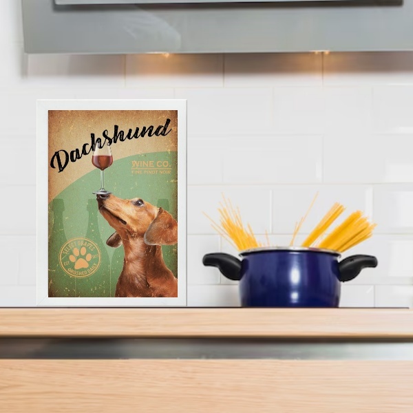 Quadro Para Cozinha Dachshund Taça Vinho 45x34cm Moldura Bran