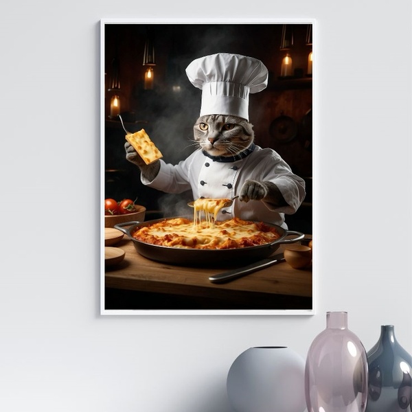 Quadro Para Cozinha Gato Chef 45x34cm Moldura Branca
