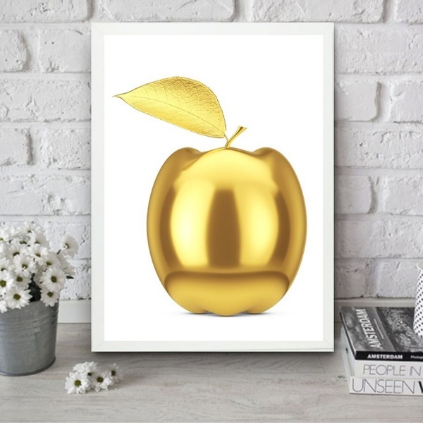 Quadro Para Cozinha Maçã Dourada 45x34cm Moldura Preta