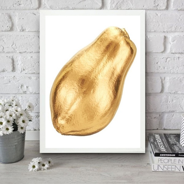 Quadro Para Cozinha Mamão Dourado 45x34cm - Com Vidro Moldura