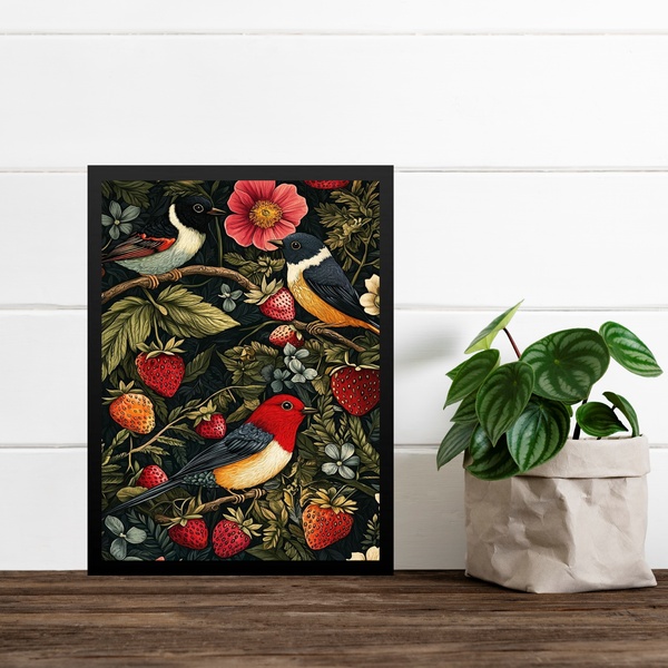 Quadro Para Cozinha Pássaros Com Morangos 33x24cm Moldura Pre