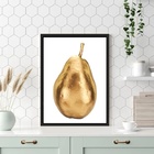 Quadro Para Cozinha Pera Dourada 24x18cm Moldura Branca