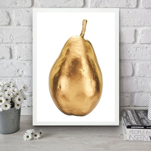 Quadro Para Cozinha Pera Dourada 33x24cm - Com Vidro Moldura