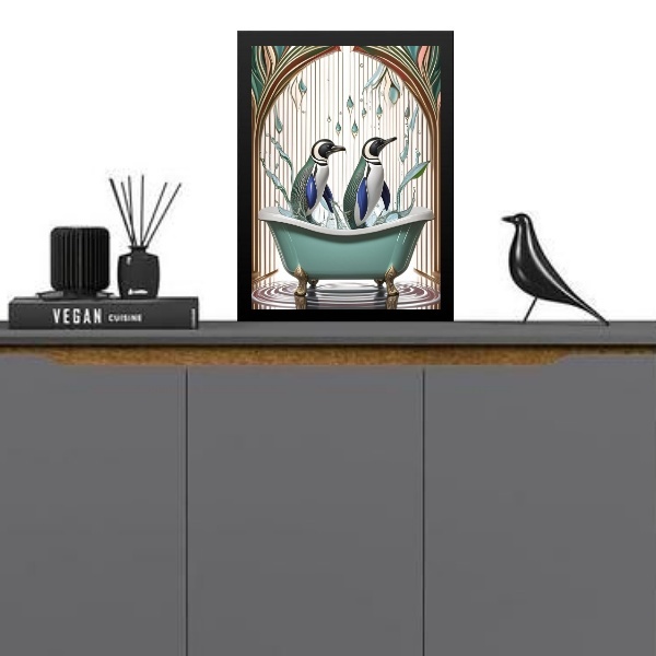 Quadro Para Decoração De Banheiros - Pinguins 33x24cm Moldura