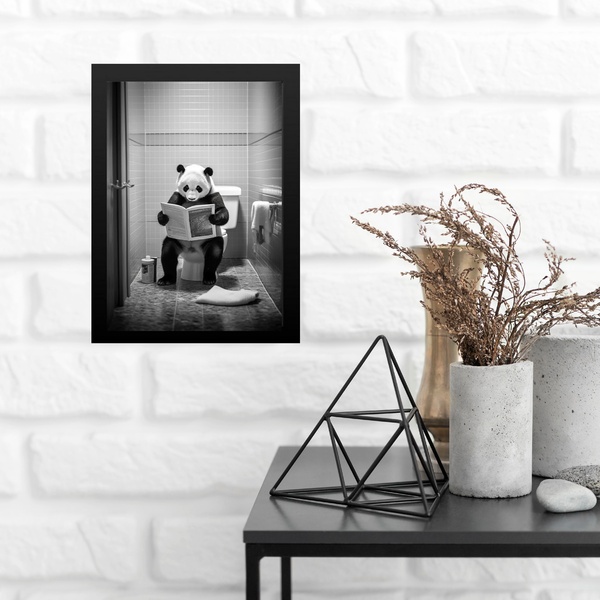 Quadro Para Decorar Banheiro Panda Com Jornal 45x34cm Moldura