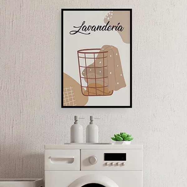 Quadro Para Lavanderia Cesto Roupas 33x24cm - Com Vidro Moldu