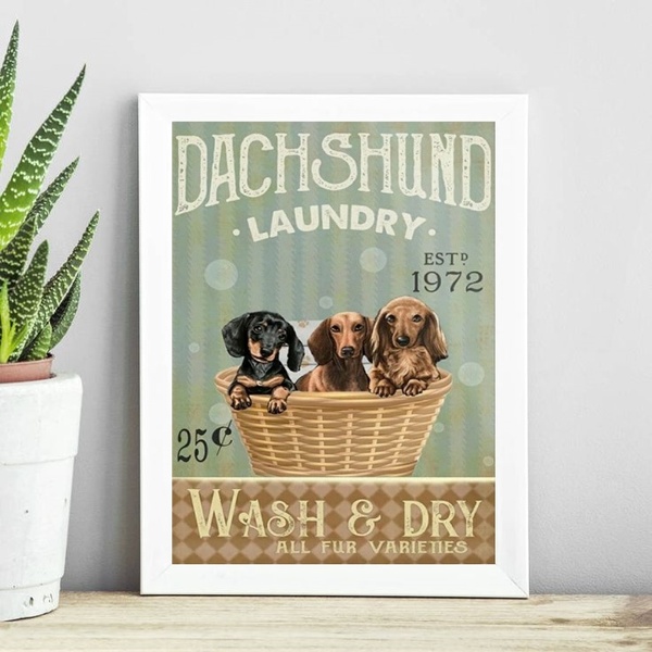 Quadro Para Lavanderia Dachshund 33x24cm Moldura:madeira Bran