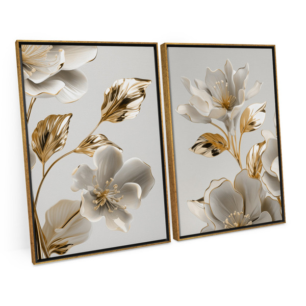 Quadro Para Sala Flores Em Ouro Branco Folhas Em Ouro Amarelo