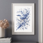 Quadro Passarinho Azul Floral - 60x48cm Moldura Preta