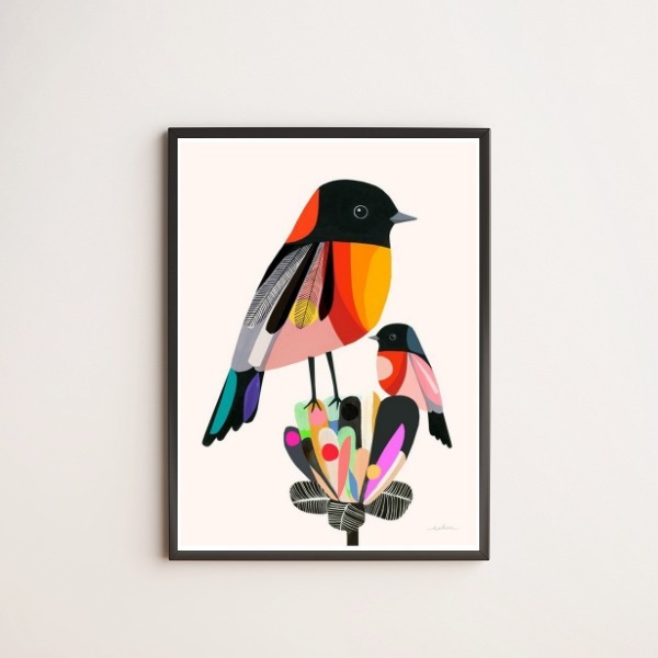 Quadro Passarinho Colorido Com Filhote 45x34cm - Com Vidro Mo