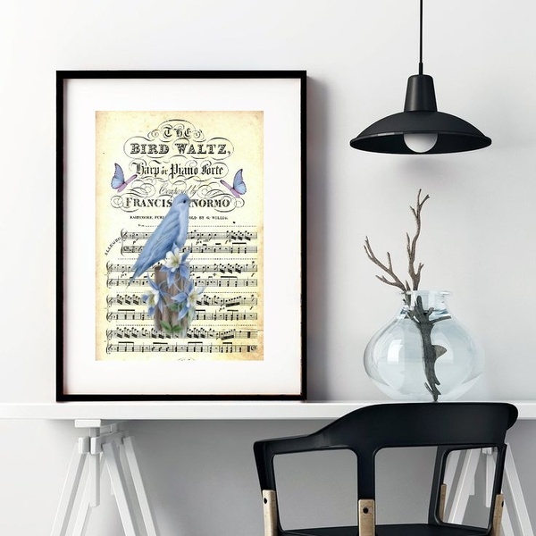 Quadro Passarinho Vintage Azul - 60x48cm Moldura:madeira Bran