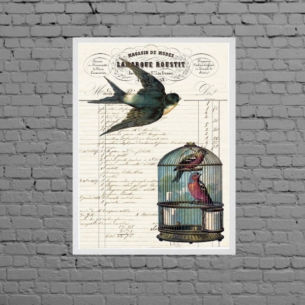 Quadro Pássaro Com Gaiola Vintage 45x34cm Moldura:madeira Pre