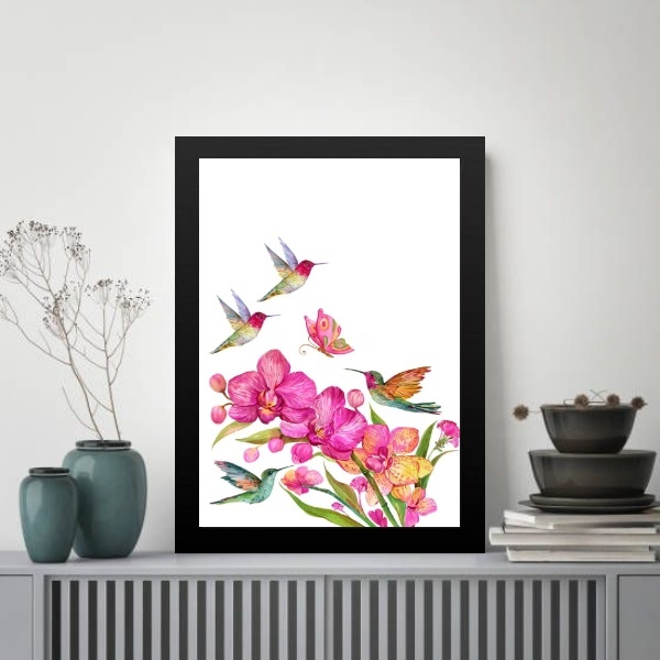 Quadro Pássaros Beija-flores 24x18cm - Com Vidro Moldura Preta