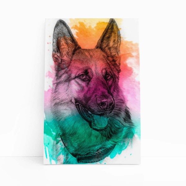 Quadro Pastor Alemão Cachorro Tinta Aquarela Canvas 20x30cm