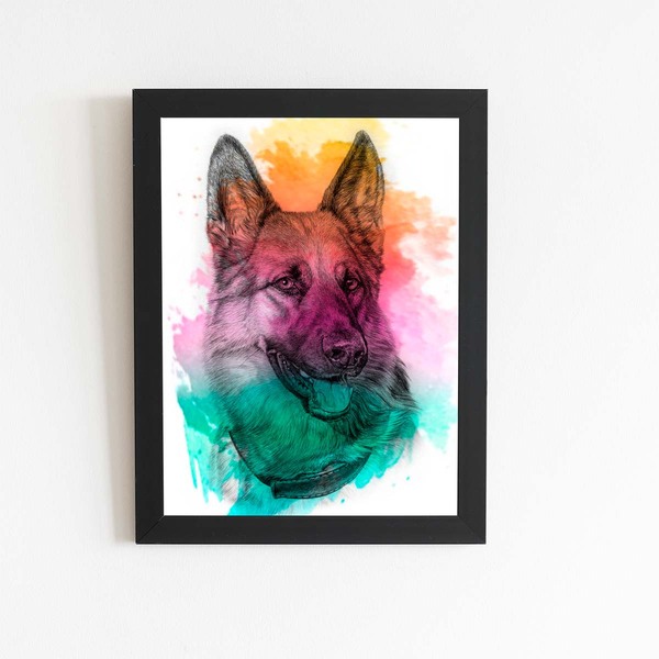 Quadro Pastor Alemão Cachorro Tinta Aquarela Moldura 60x40cm