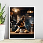 Quadro Pastor Alemão Tomando Café 24x18cm Moldura:madeira Bra