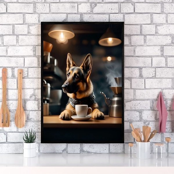 Quadro Pastor Alemão Tomando Café 33x24cm - Com Vidro Moldura