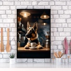 Quadro Pastor Alemão Tomando Café 45x34cm - Com Vidro Moldura