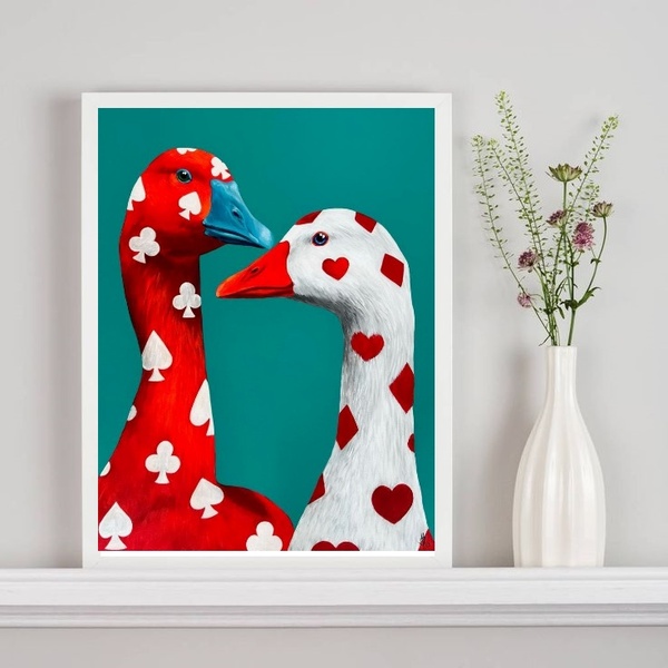 Quadro Patinhos Naipes Carta De Baralho 33x24cm Moldura Preta