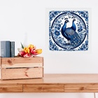 Quadro Pavão Estilo Azulejo Português - 33x33cm Moldura Branca