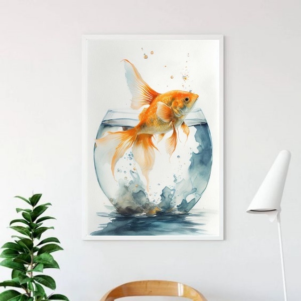 Quadro Peixe Aquário Aquarela 45x34cm - Com Vidro Moldura:mad