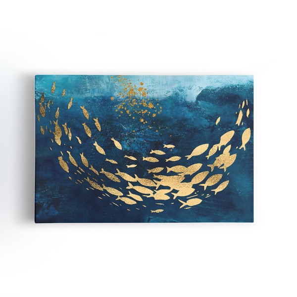 Quadro Peixes Dourados Cardume Azul Aquarela Canvas 60x40cm