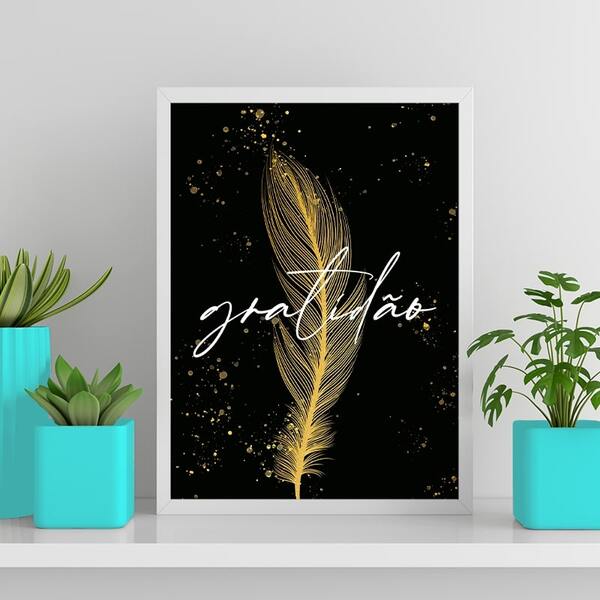 Quadro Pena Dourada Gratidão 45x34cm Moldura:madeira Preta