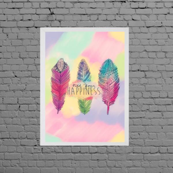 Quadro Penas Find Your Hapiness 24x18cm Moldura:madeira Branca