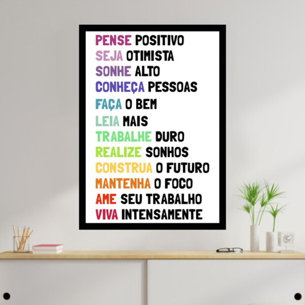 Quadro Pense Positivo - Colorido 33x24cm - Com Vidro Moldura: