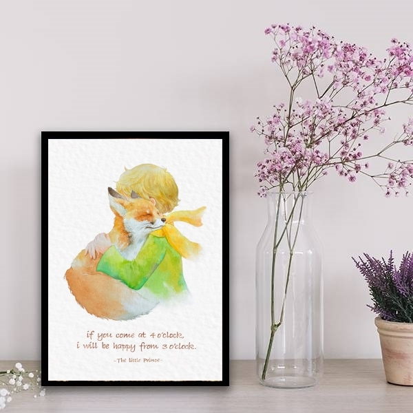 Quadro Pequeno Príncipe Com Raposa Aquarela 24x18cm - Com Vid