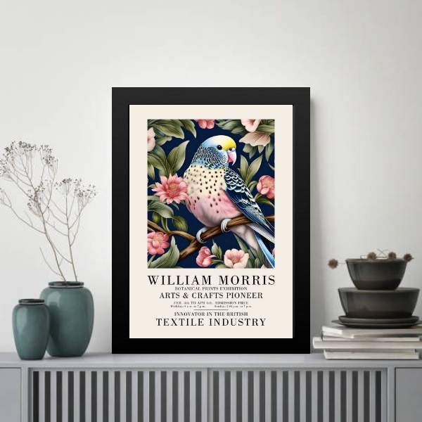 Quadro Periquito Flores - William Morris 45x34cm Moldura Bran