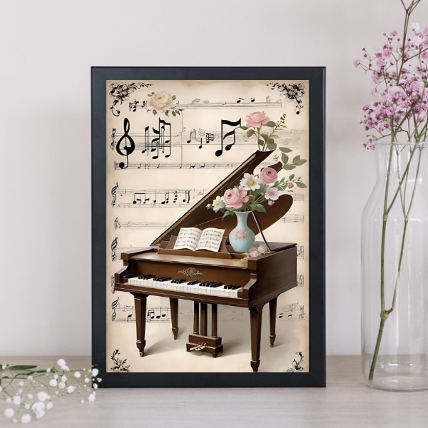Quadro Piano Antigo Com Flores 45x34cm - Com Vidro Moldura Br