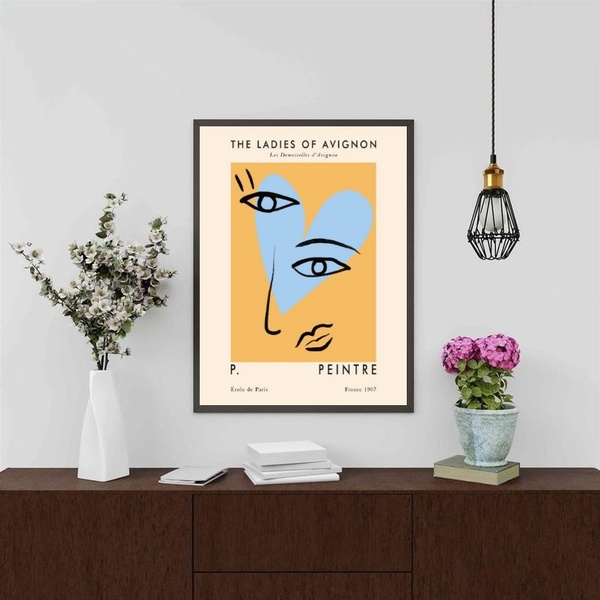 Quadro Picasso Coração Azul E Amarelo 45x34cm - Com Vidro Mol