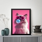 Quadro Pink Cat Bubble Gum 45x34cm - Com Vidro Moldura Preta