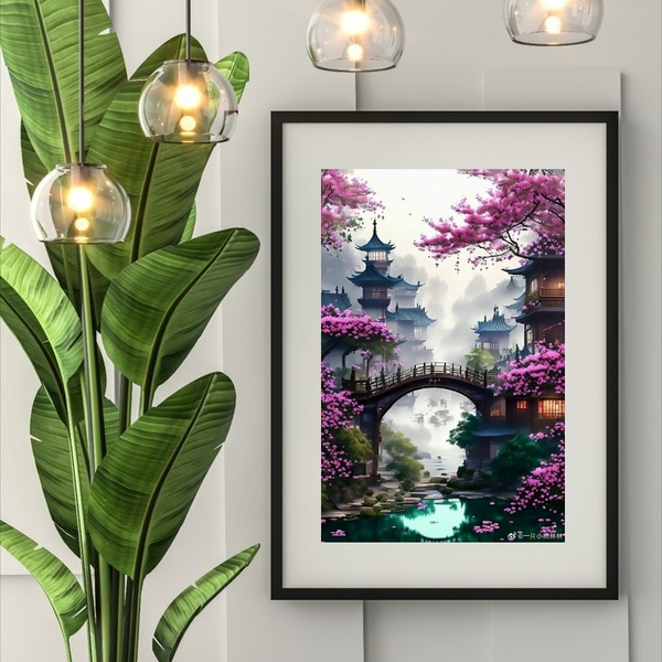 Quadro Pintura Paisagem Japonesa - 60x48cm Moldura:madeira Br