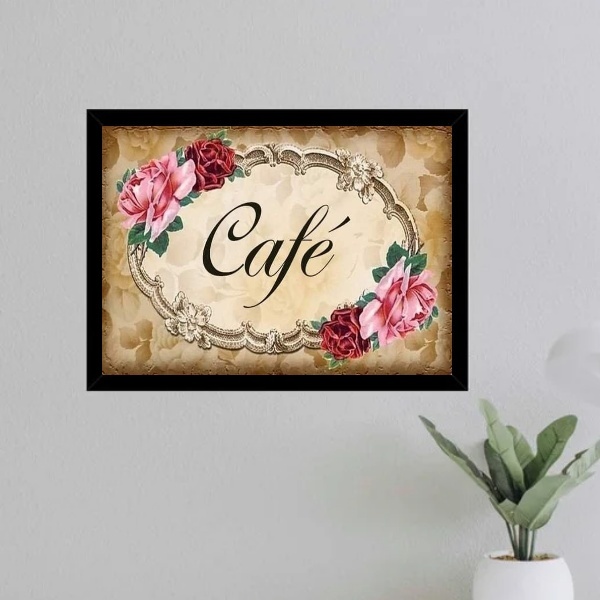 Quadro Placa Escrito Café - Vintage 33x24cm - Com Vidro Moldu