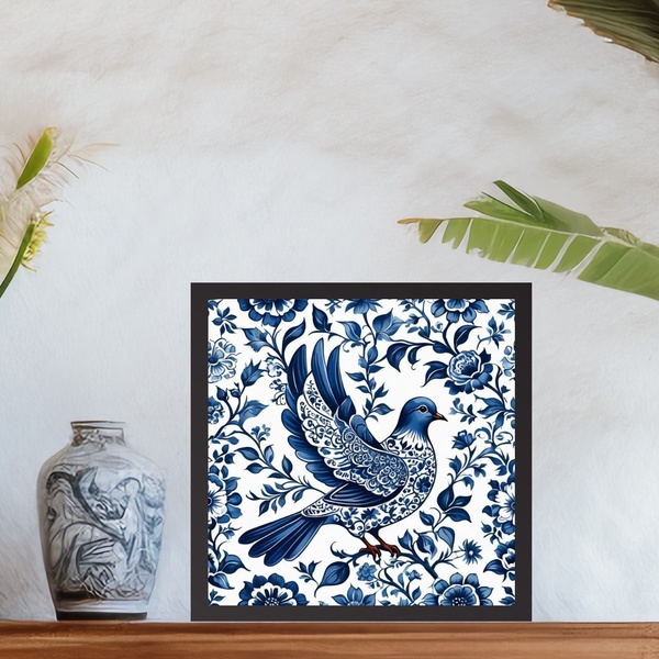 Quadro Pomba Branca Estilo Azulejo Português - 33x33cm - Com