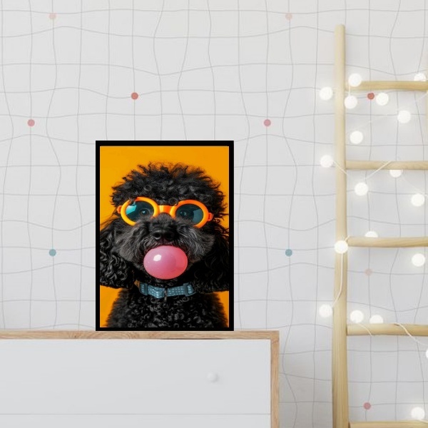 Quadro Poodle Bubble Gum 45x34cm Moldura:madeira Branca