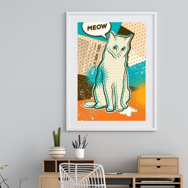 Quadro Pop Art Gato Meow - 60x48cm Moldura:madeira Preta