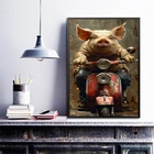 Quadro Porco Motociclista 24x18cm Moldura:madeira Preta