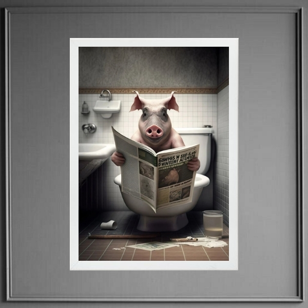 Quadro Porco No Banheiro Lendo Jornal 45x34cm Moldura:madeira