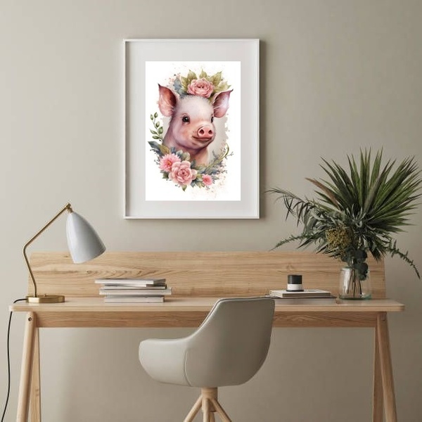 Quadro Porquinho Floral - 60x48cm Moldura:madeira Branca